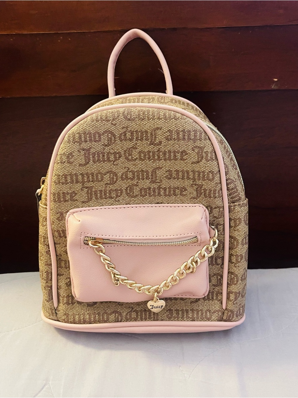 Juicy Couture Brown Monogram Mini Backpack with Pink Pocket